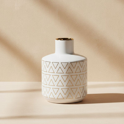 White and Gold Geometric Ceramic Vase, Modern Ceramic Flower Vase with Geometric Pattern