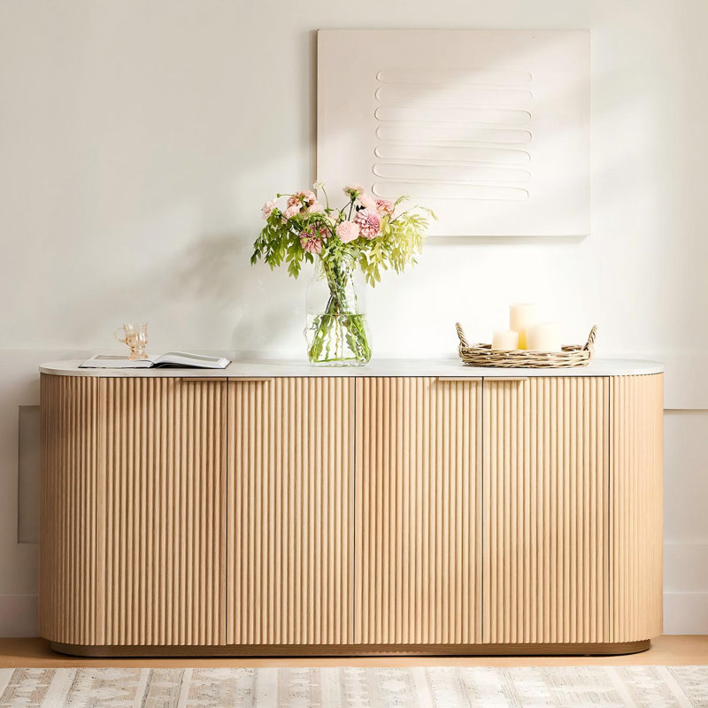  70" Modern Fluted Sideboard With Curved Edge & Soft-Close Doors, Oak/White