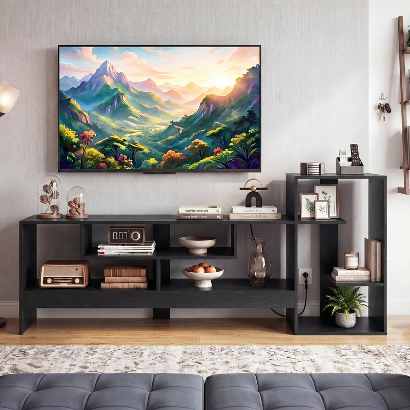 Meuble audio-vidéo avec prises de courant et tablettes de rangement ouvertes pour téléviseur de 55 po - noir, Noir