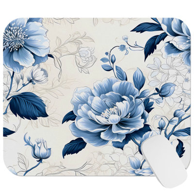 Chinoiserie Floral Blue Flowers and Leaves III Asian Gaming Cute Office Laptop Desk Pad Gift Mat Square Rectangle Non-Slip Mousepad