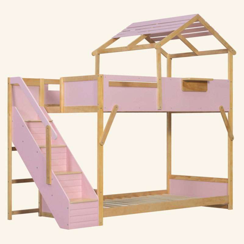 Lit superposé avec escalier et lumières DEL tricolores House, Twin, Pink
