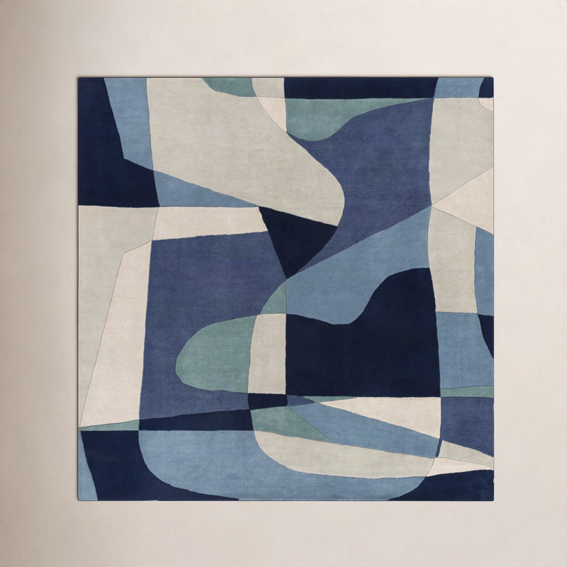 Tapis bleu sarcelle / bleu marine / beige en laine touffeté à la main Gaye, Carré 4 pi
