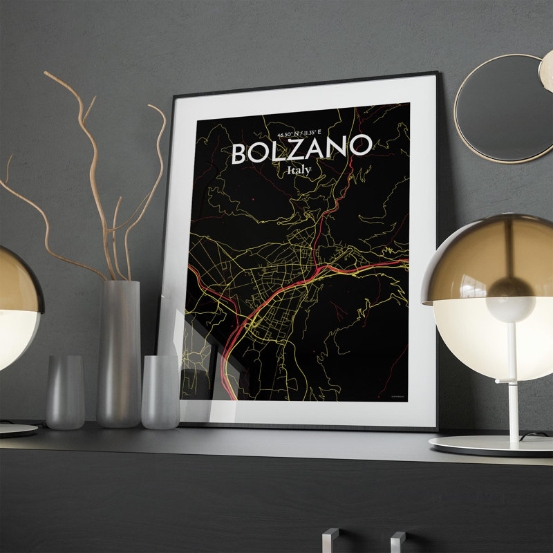«Bolzano City Map», impression, H 24 po x l 18 po x P 0,05 po, Noir / rouge / jaune