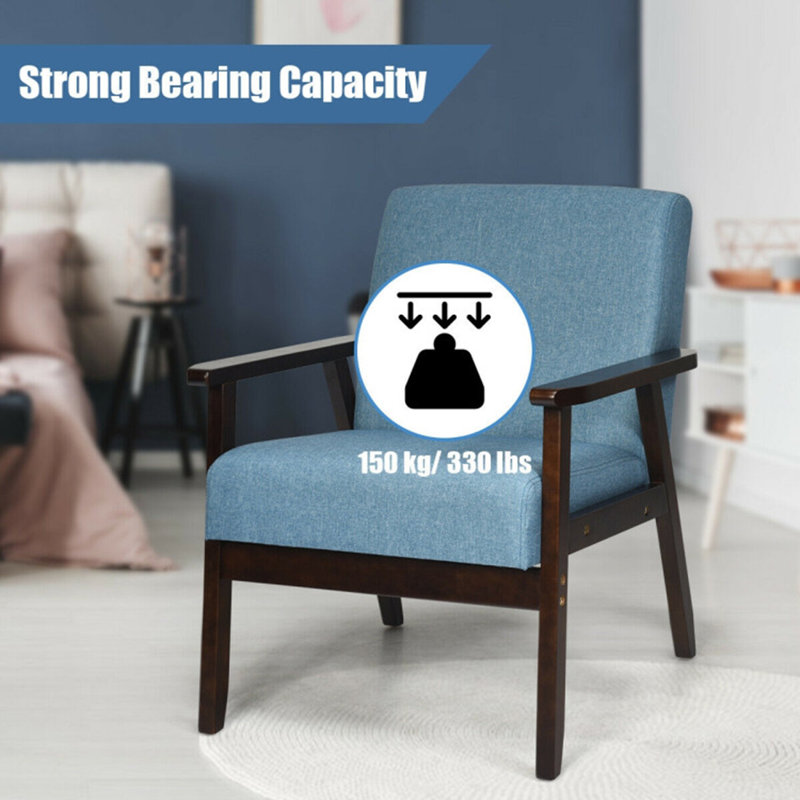 Blue Linen and Rubber Wood Mid-Century Modern Accent Chair