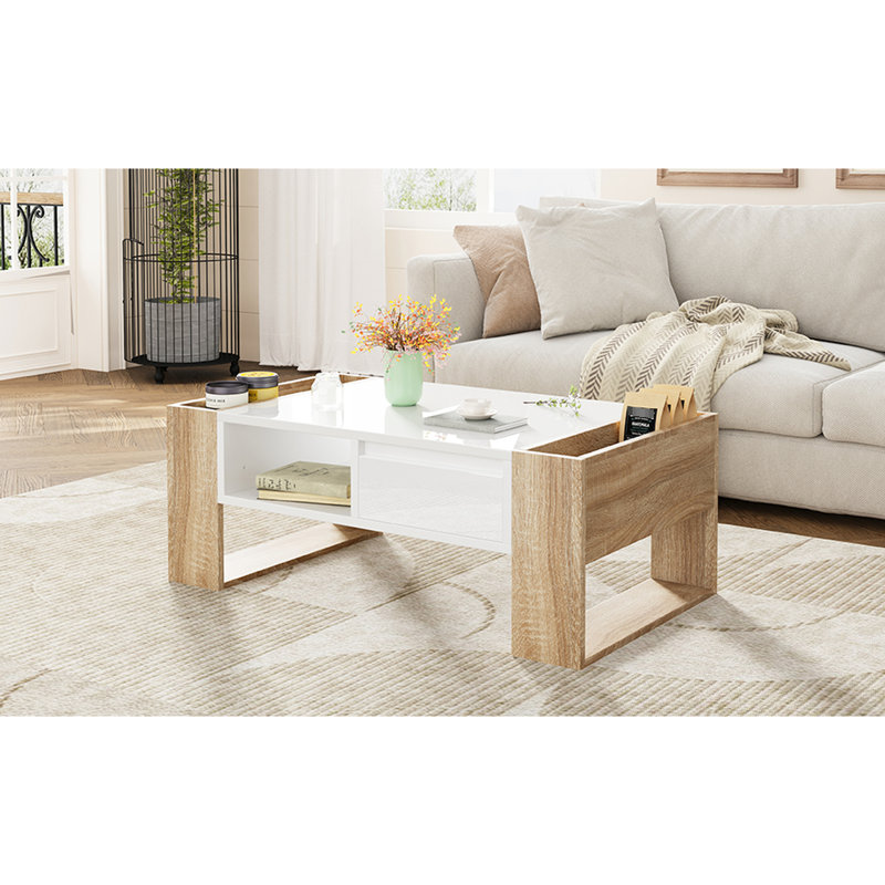 Table basse très brillante Anjelo pour le salon, la chambre à coucher - 2 tiroirs, tablette ouverte, blanc 41,3 x 23,6 avec tablette et rangement à grain de bois blanc, brillant Living,