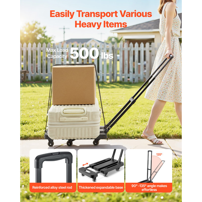 Chariot de manutention pliable, capacité de charge de 227 kg, avec 6 roues, 2 sangles élastiques et base extensible. Parfait pour les voyages, les déménagements et le transport de bagages, en avion ou au bureau. Couleur : noir.