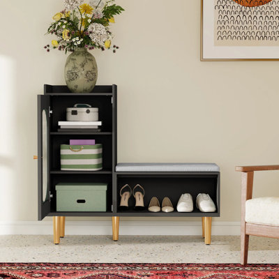 L-shaped Shoe Storage Bench With Cushioned Seat, Modern Entryway Cabinet With & Shelves, Hallway Organizer With 3 Compartments
