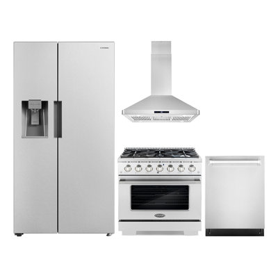 4 Piece Kitchen Package with 36" Dual Fuel Range 36" Island Range Hood 24" Dishwasher & Refrigerator
