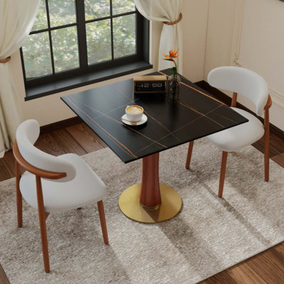 Table de salle à manger carrée moderne, 85 cm (33,5 po) avec pieds en bois et base dorée, table de cuisine pour 2 personnes idéale pour les petits espaces, capacité de charge de 68 kg (150 lb) (table de négociation seulement)