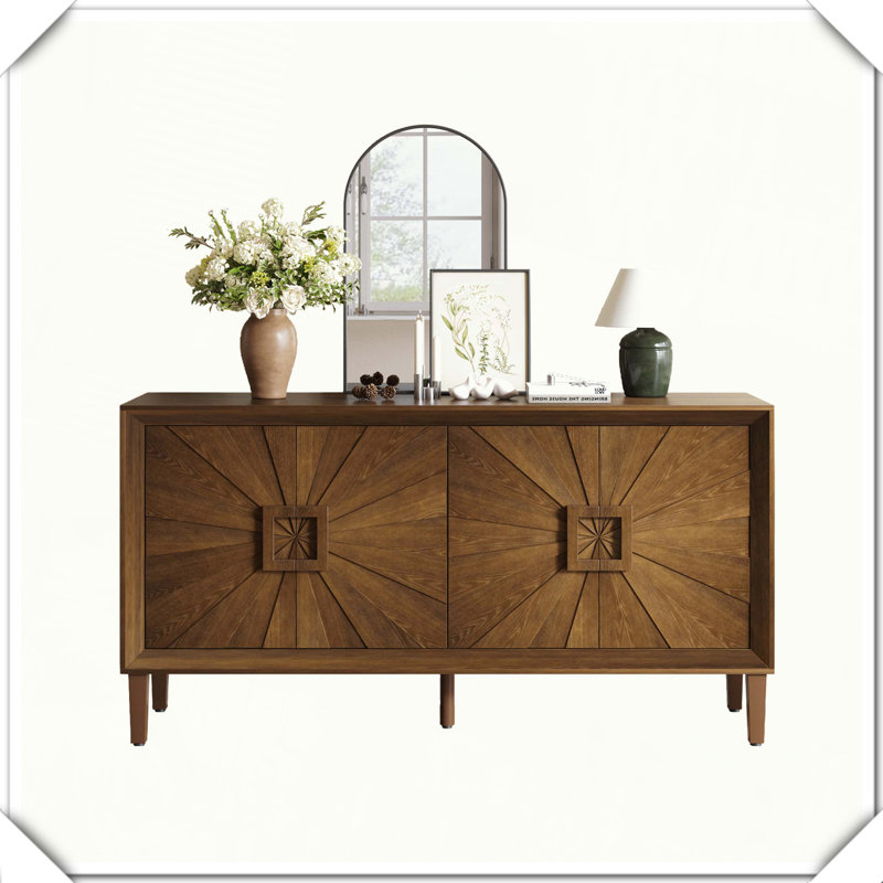 Premium Rustic Farmhouse Credenza Symmetrical Sunburst Door TV Stand Storage, Antique brown