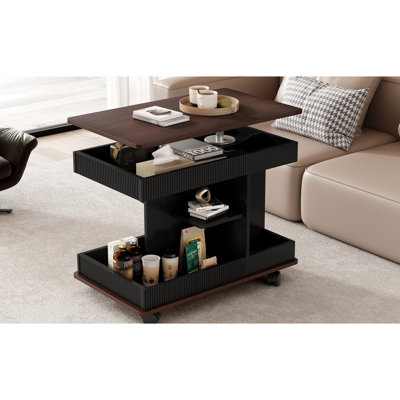 Table de bout réglable rotative à 360 ° avec plateau relevable, roues pivotantes verrouillables, grand espace de rangement, coins arrondis, glissement en douceur, coins, grande capacité