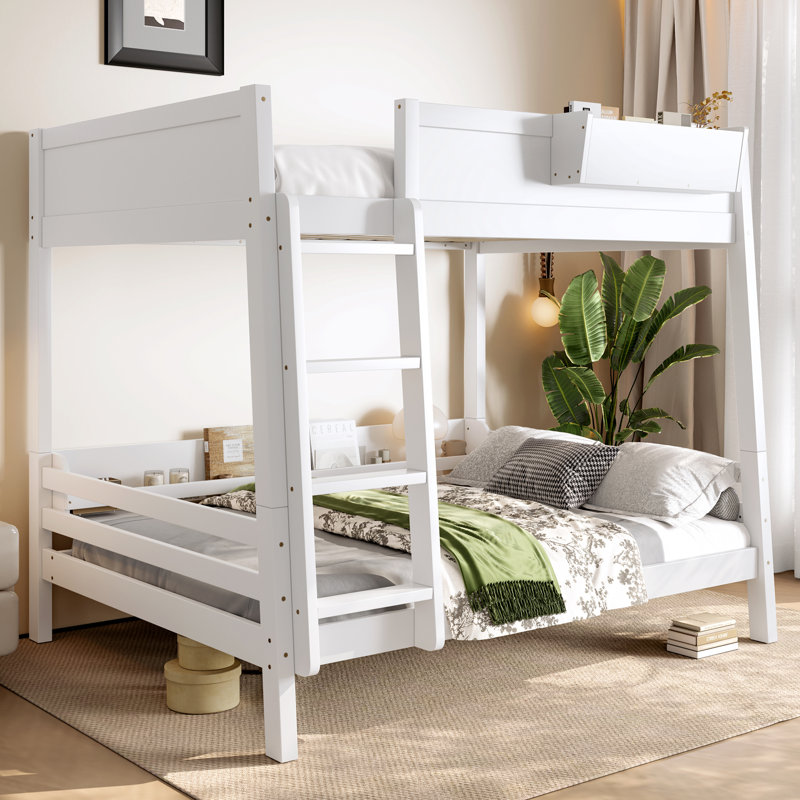 Full Bunk Bed With  Storage Shelf and Bookshelf,Wood Bunk Bed with Ladder and Guardrails,Detachable Design,White, White
