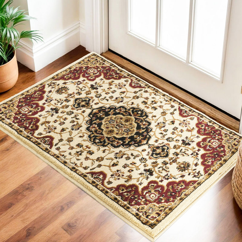 Tapis classique à motif de médaillon crème - Style intemporel pour salon et chambre