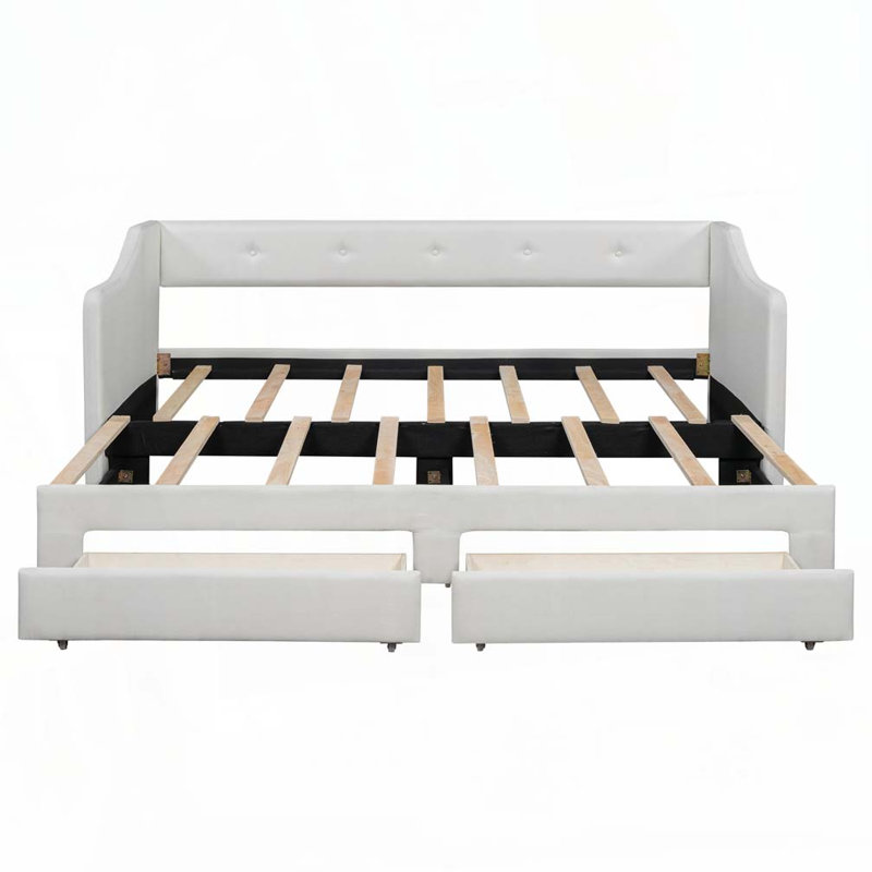 Lit de jour extensible rembourré avec deux tiroirs, Beige