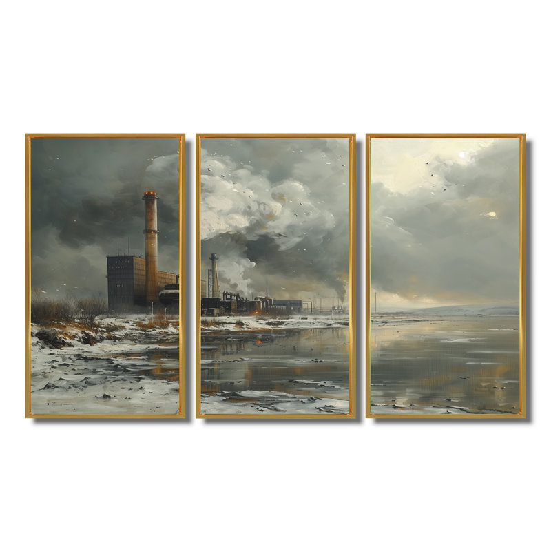 Ensemble de salon mural monochromes gris d'hiver, Toile avec cadre flottant or, H 28 po x l 36 po x P 1 po