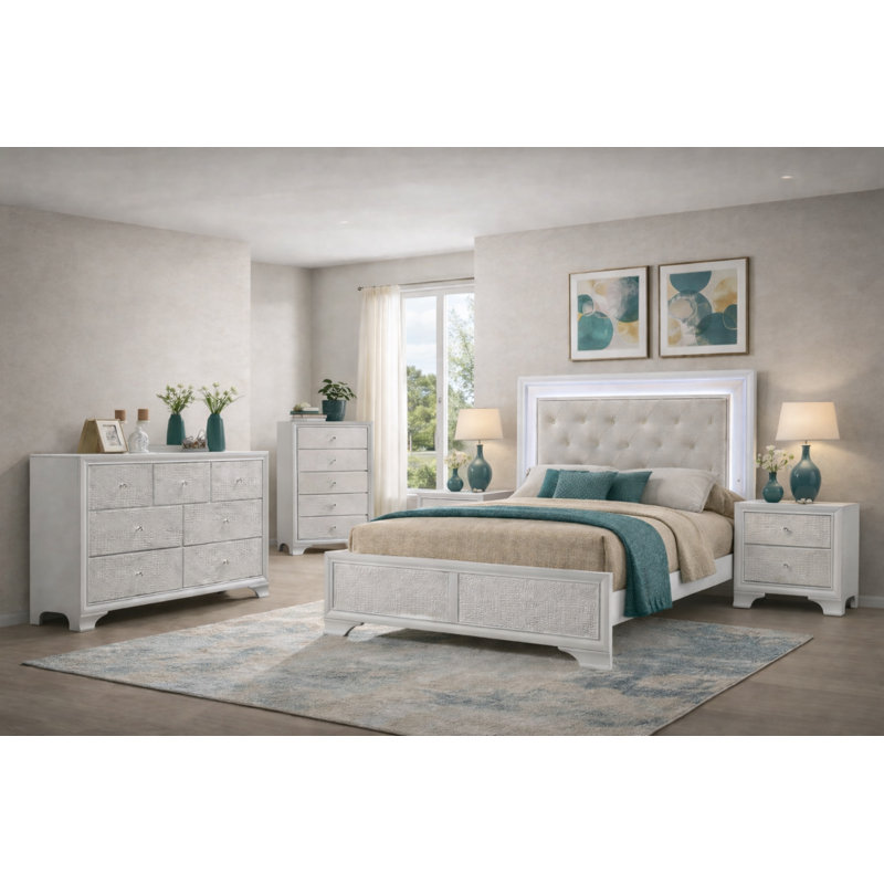 Ensemble de chambre à coucher de luxe à panneau tapissier avec motif capitonné avoine, 5 Piece, Grand lit