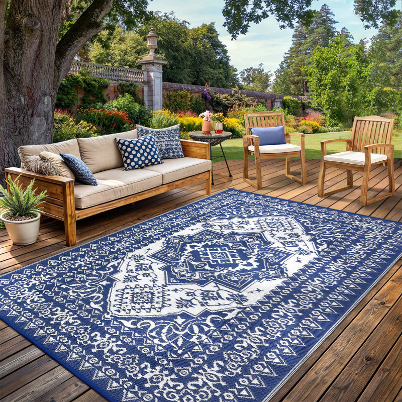 Outdoor Rug, Reversible Patio Rug, Large Vintage Medallion RV Camping Carpet, Waterproof Indoor Outdoor Plastic Straw Mat for Deck, Picnic, Beach, Pool, Garden