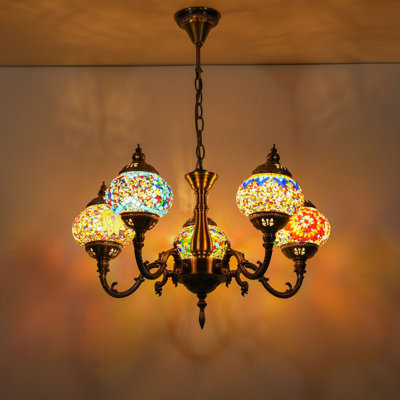 5-Globes Turkish Moroccan Tiffany Mosaic Pendant Chandelier – Ambient Lighting For Bedroom Living Room (Pl5130-Hs1)