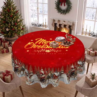 1pc round/rectangular polyester tablecloth, Christmas tablecloth with pine, snowman, truck, embosed edge, Christmas decorations for dining table, festival party holiday table decoration, perfect festival gift