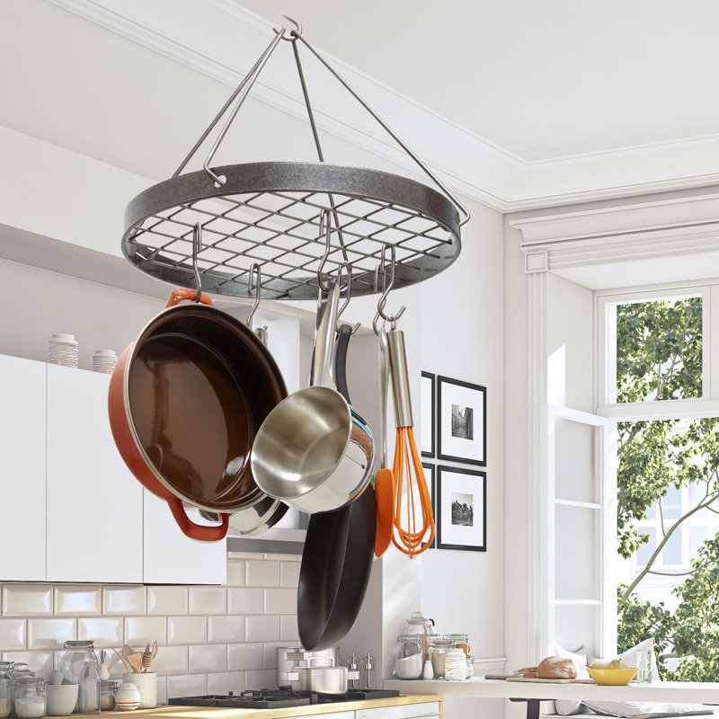Hammered Steel Round Hanging Pot Rack with Hooks