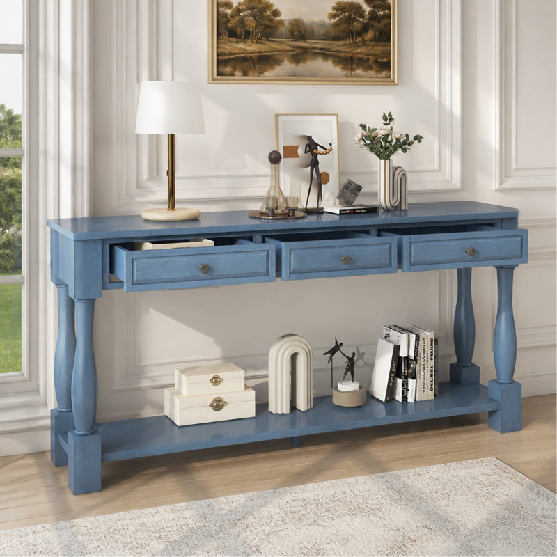 Aiyonna 63" Console Table,Entryway Table,Sofa Table with 3 functional drawers and a bottom shelf, Blue
