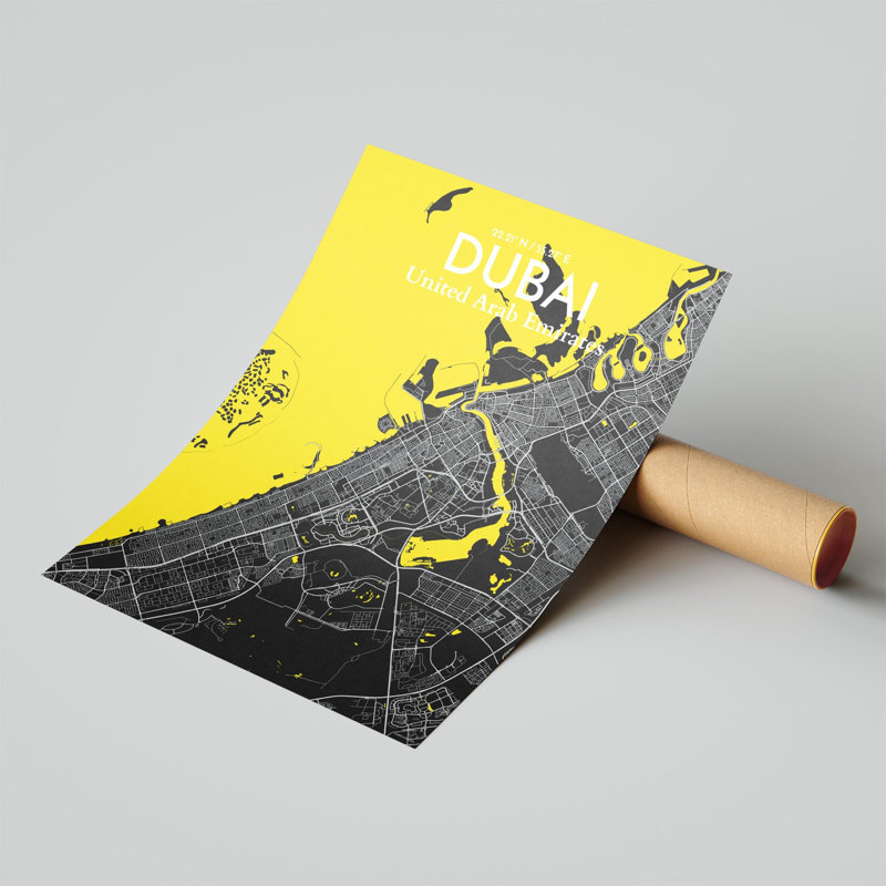 Carte de la ville de Dubaï, impression de luxe, H 24 po x l 18 po, Noir / Jaune