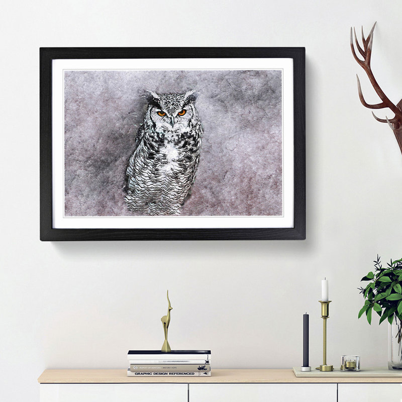 Horned Owl in Pink & Lilac in Abstract - Picture Frame Painting Print, Black Framed, 62cm H x 87cm W x 2cm D
