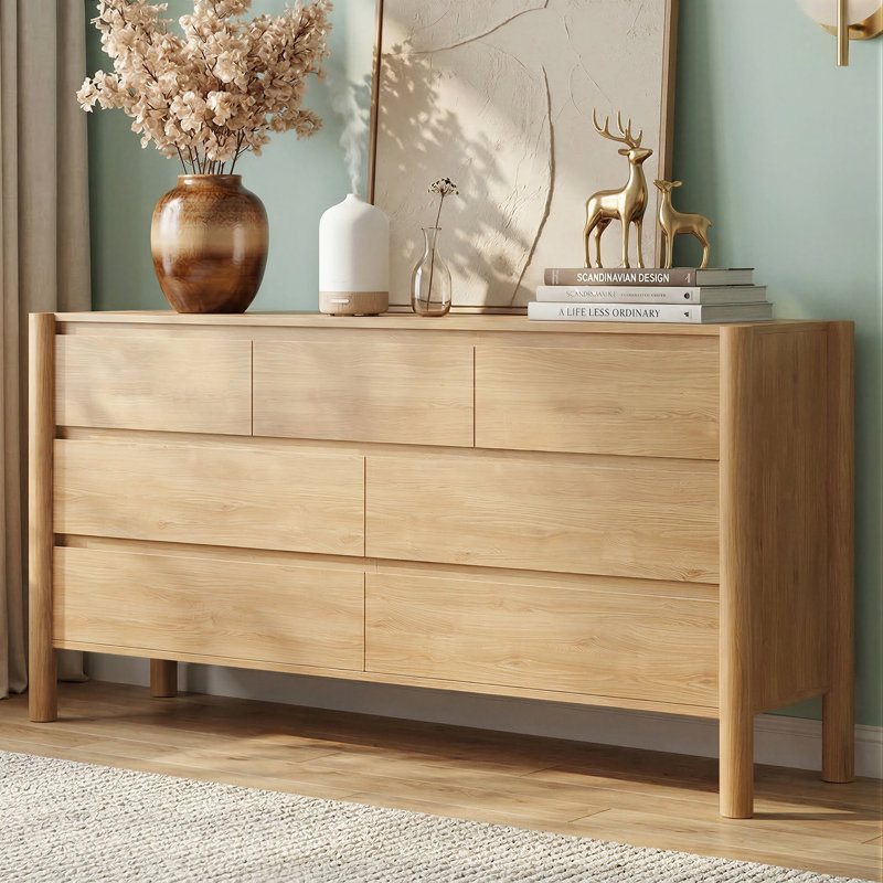 Commode 7 tiroirs l 51,1 po, commode en bois pour chambre à coucher, salon, chêne, Chêne