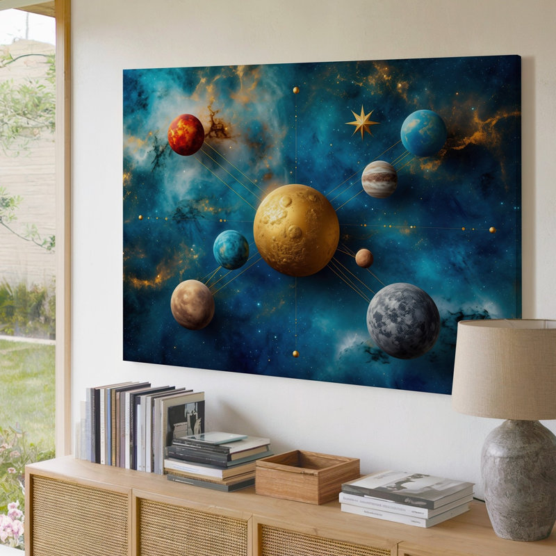 Toile dans un tableau cosmique envoûtant, un tableau vibrant de planètes, art mural sur fond bleu et doré, H 9 po x l 12 po