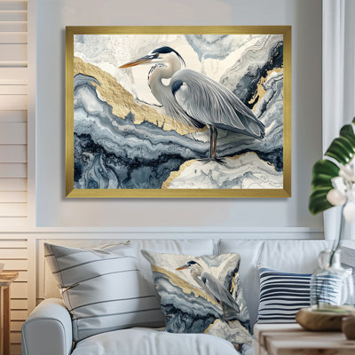 Harbert Marble Heron In Golden Chinese Ink Landscape II - Heron Wall Art