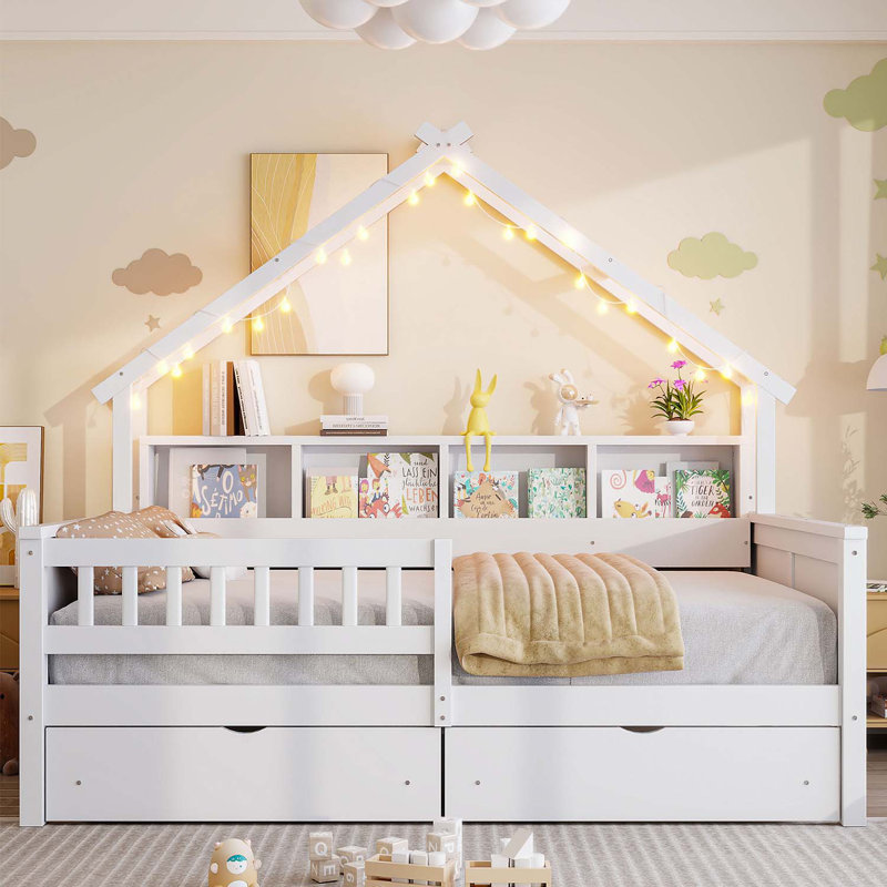 Lit plateforme en bois avec lumières à DEL, tablettes de rangement, tiroirs et garde-corps, Blanc