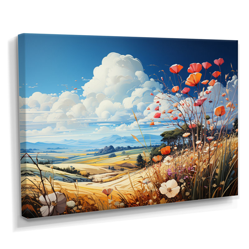 Blooming Poppies In The Meadow - Art mural prairie, H 12 po x l 20 po x P 1 po, Toile tendue