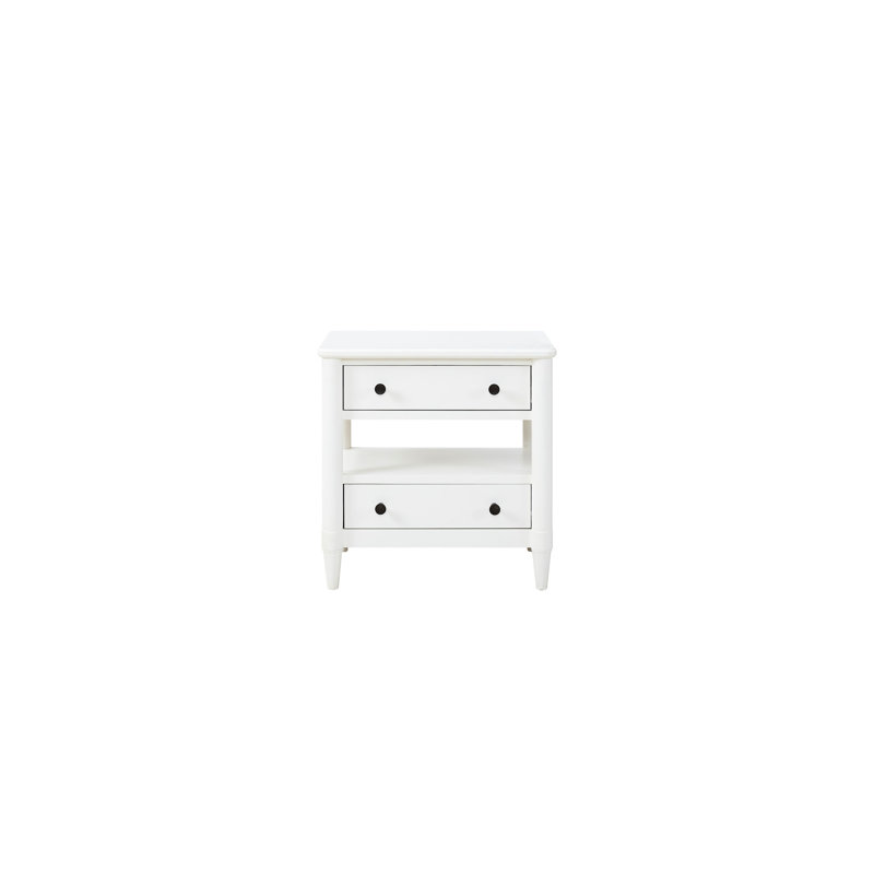 Table de chevet ouverte blanche avec 2 tiroirs - Bois massif et détails de fabrication