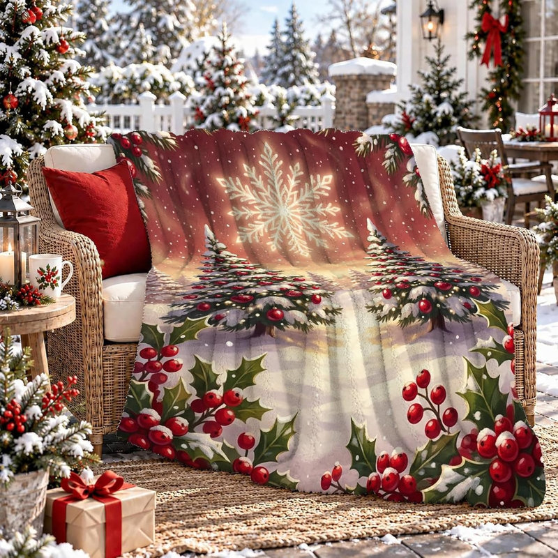 Couverture jetée motif paysage d'hiver et sapins de Noël, 76 x 102 cm. Livrée avec deux taies d'oreiller (garnitures non comprises).