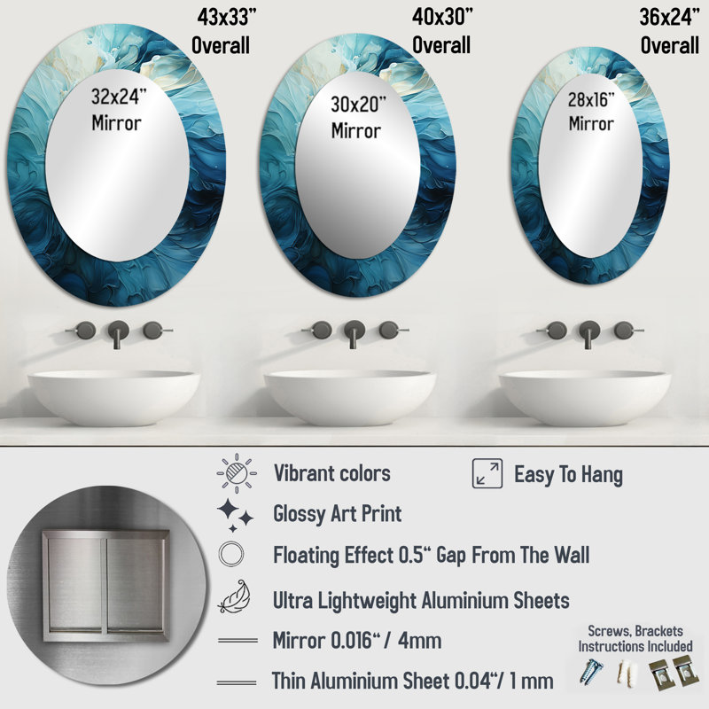 Aqua Blue And White Serenity Swirl III - Large Oval Wall Mirror On Metal, 40" x 30"