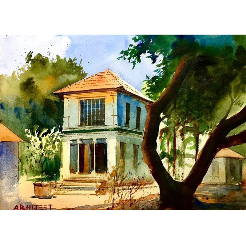 Une demeure indienne du Sud | Aquarelle sur papier | Par Abhijeet Bahadure
