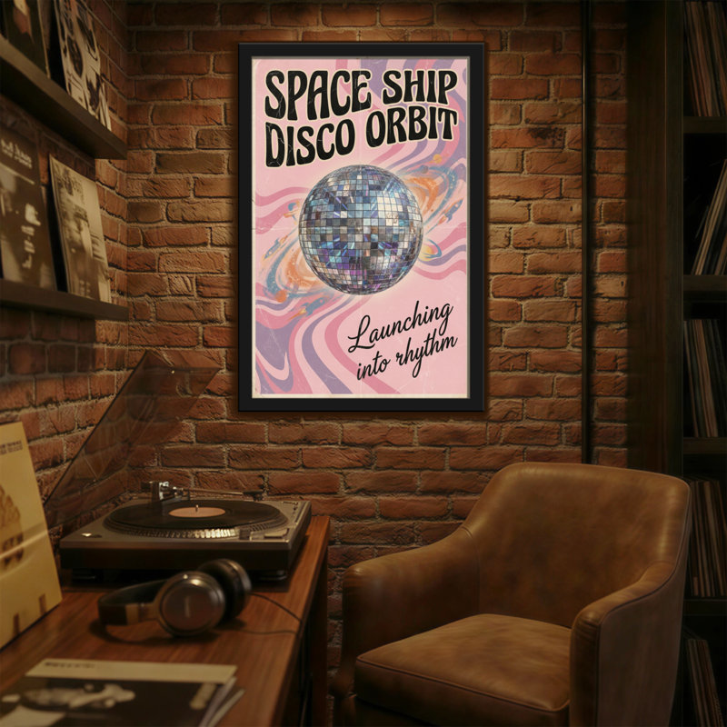 Abstrait vaisseau spatial disco en orbite se lançant dans le rythme, H 30 po x l 20 po