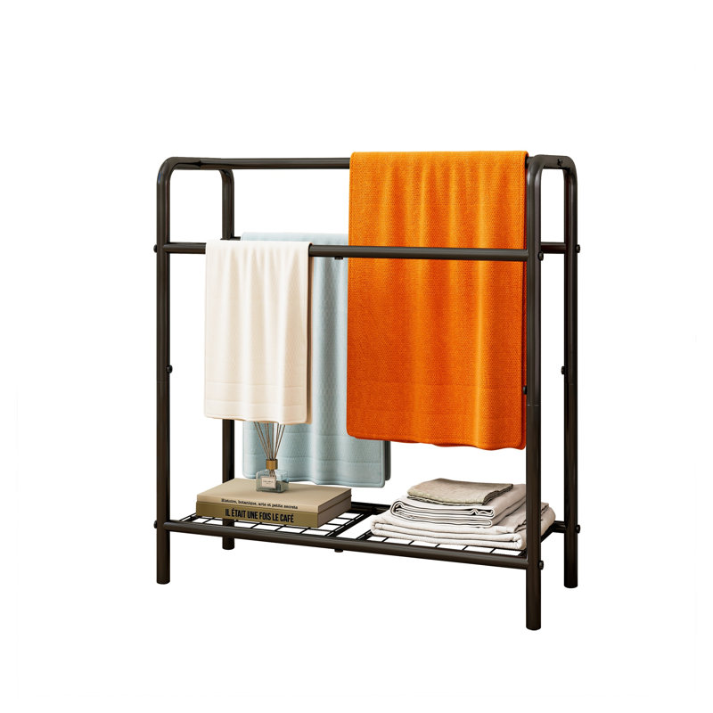 Porte-serviettes autoportant en métal à 3 niveaux avec tablette de rangement, Noir
