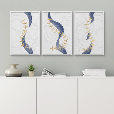 «Abstract Line Geometric Birds», ensemble de 3 reproductions d'art encadrées sur toile