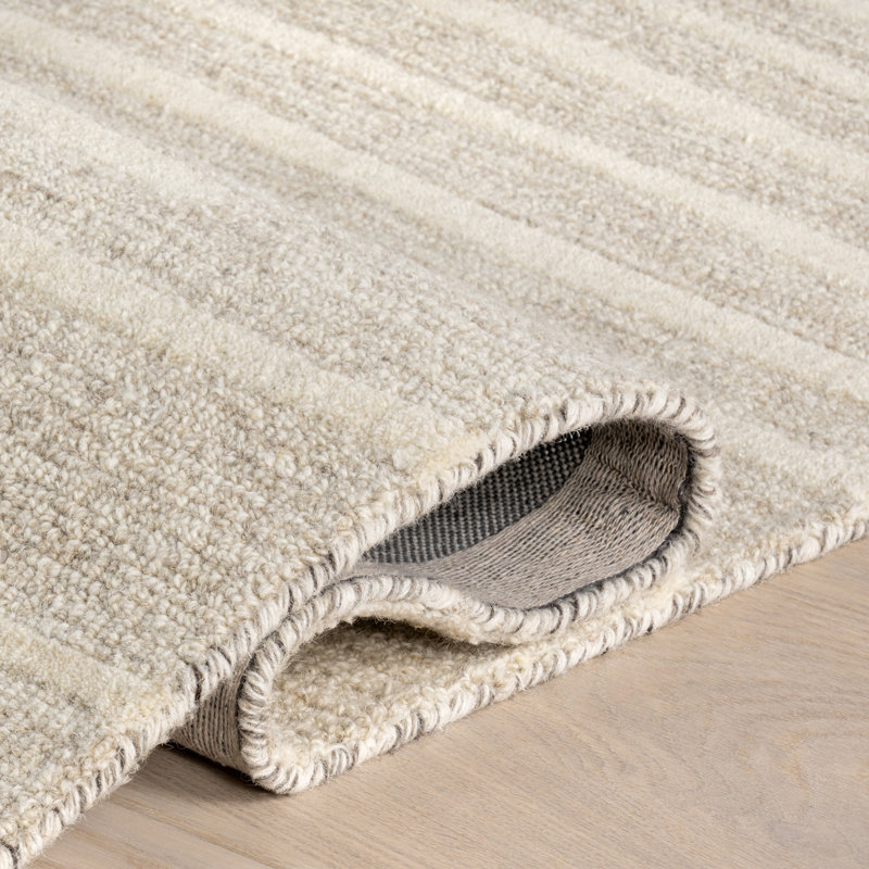 Beige Striped Handmade Wool Tufted 4' x 6' Area Rug