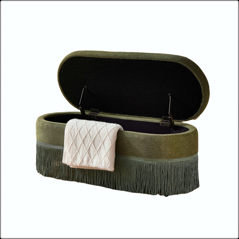 Repose-pieds ovale rembourré avec rangement à franges et couvercle relevable
