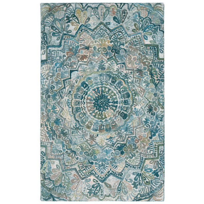 Tapis floral en laine touffeté à la main de couleur turquoise / vert Loura, Rectangulaire 3 pi x 5 pi