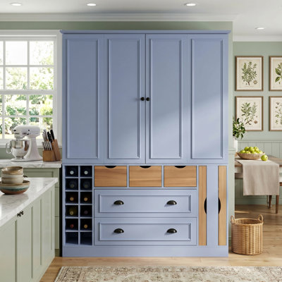 71''H Farmhouse Large Kitchen Pantry Cabinet, MDF Deepen Dining Storage Cabinet Cupboard with 4 Foldable Doors, Power Outlet, Shelves, Wine Racks and