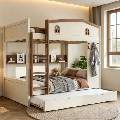 Full Over Full Bunk Bed with 2 Storage Drawers, Cute House Bunk Bed with Shelves & Hooks,  Noise-Free Pine Wood Frame and No Box Spring, Beige,Natural