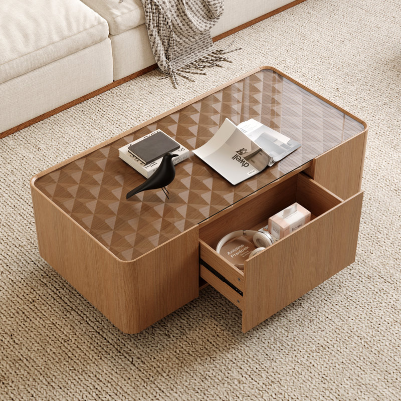 Table basse de 46,8 po de style Mid-Century moderne avec plateau en verre, table centrale rectangulaire avec tiroirs de rangement cachés pour le salon, table basse de rangement contemporaine avec base stable pour maison d'appartement (noyer clair)