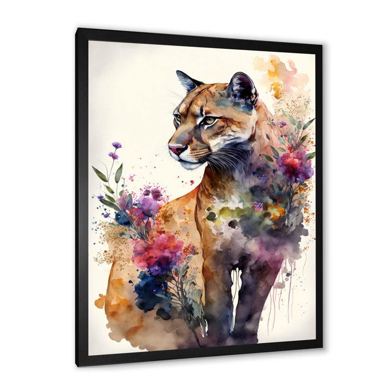 «Cute Puma Floral Art IV», peinture sur toile, H 20 po x l 12 po x P 1 po, Impression noire sur toile encadrée