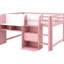 Lit mezzanine bas rose pleine grandeur avec bureau intégré, trois compartiments de rangement, tablettes ouvertes, caractéristiques et espace utilisant un lit de chambre à coucher, rose, avec bibliothèque, rangement sous le bas, garde-corps,-177053686