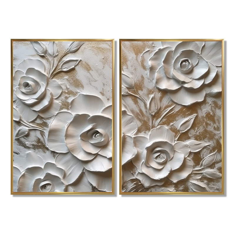 Roses blanches en fleurs - impressions florales sur toile, H 36 po x l 48 po, Reproduction encadrée sans passe-partout, Doré