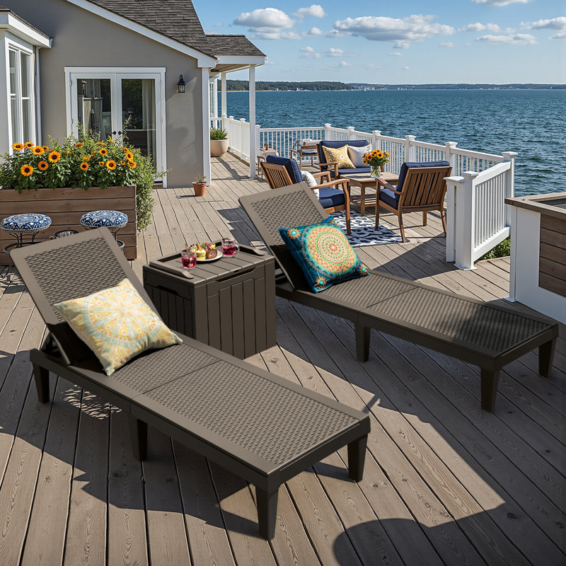3-Piece Outdoor Chaise Lounge Recliner Chairs with Storage Table/Box, Brown