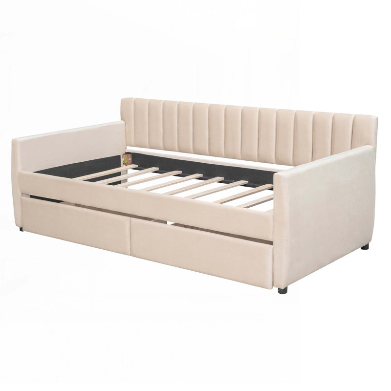 Upholstered daybed with Drawers, Beige